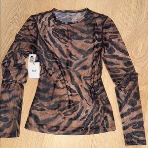 TNA Brown and Black Fitted Long Sleeve Blouse